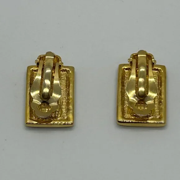 Vintage Gold & Black  Earrings Enamel Greek Key Clip-On 1980s Designer Statement - Picture 7 of 14